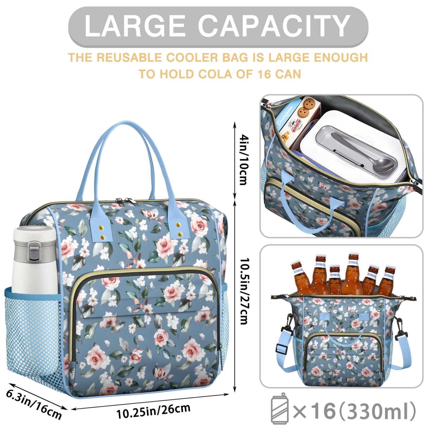 Pioneer Flower Floral Print Pattern Womens Lunch Box for Work,Insulated Large Lunch Bag for Tween and Teen,Loncheras Para Mujer,Leakproof Adult Lunch Bag for Work,Beach,Travel,Picnic,Camping