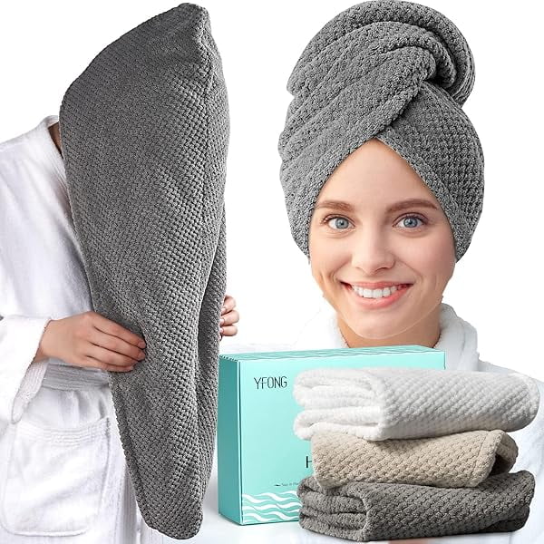 wonima11 3 Pack Large Microfiber Hair Towel Wrap, 30" x 10" Anti Frizz Quick Dry Hair Towels for Women Long, Curly, Thick Hair, Super Absorbent Hair Turban for Wet Hair (Grey, White, Camel)