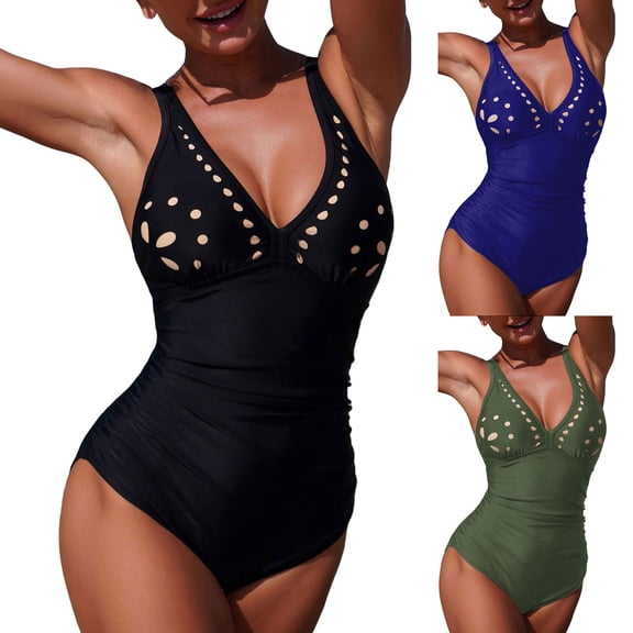 COMVALUE Women's One Piece Swimsuit Tummy Control Ruched Bathing Suit Sexy Fashion Open Back Petal Hollow V Neck Swimwear 2026 (Black, M)
