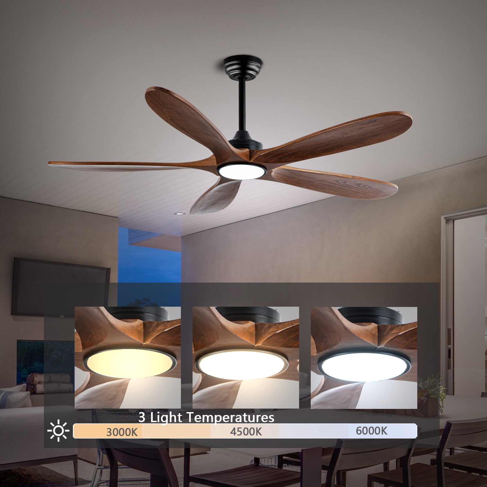 Mintazer 52 in Ceiling Fan with Lights and Remote, Modern Ceiling Fan with 6 Speed & 5 Blade for Farmhouse Bedroom Living Room Gazebo Patio, Brown