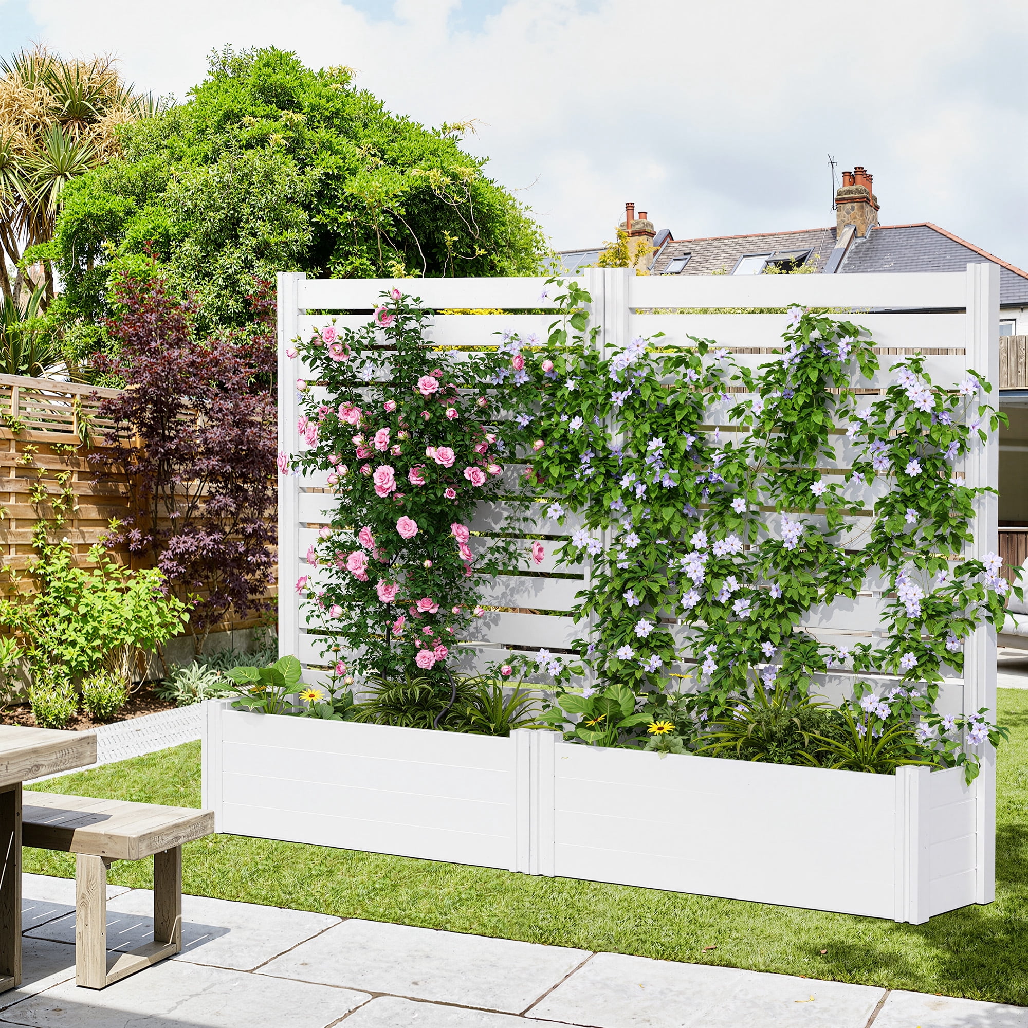 MAYEERTY Outdoor White PVC Rectangular Planter Box with Trellis for Climbing Plants, Raised Garden Bed