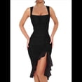 thumbnail image 1 of Vestido Midi Ajustado Fruncido para Mujer, Escote Cuadrado, Sin Mangas, Bajo con Volantes, Vestido de Fiesta para Discoteca, Negro, Talla XL, 1 of 7