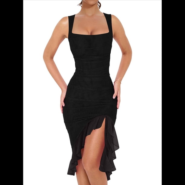 Vestido Midi Ajustado Fruncido para Mujer, Cuello Cuadrado, Sin Mangas, Bajo con Volantes, Vestido de Fiesta para Discoteca, Negro, Talla S