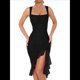 thumbnail image 1 of Vestido Midi Ajustado Fruncido para Mujer, Cuello Cuadrado, Sin Mangas, Bajo con Volantes, Vestido de Fiesta para Discoteca, Negro, Talla S, 1 of 7