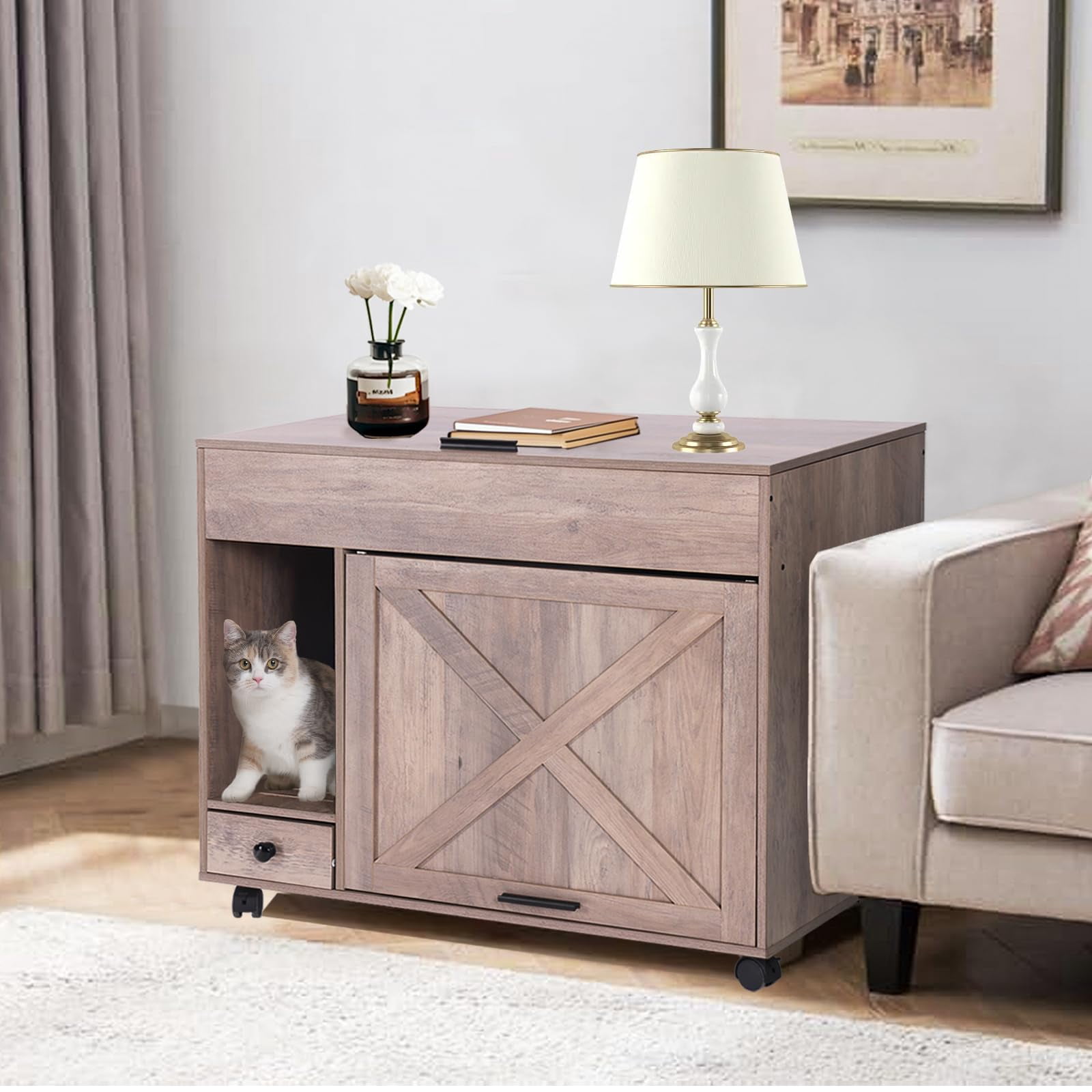 Aivituvin Cat Litter Box Enclosure Cabinet,Flip Top Hidden Litter Box Furniture,Indoor Wooden Covered Cat House with Drawer,Wheels