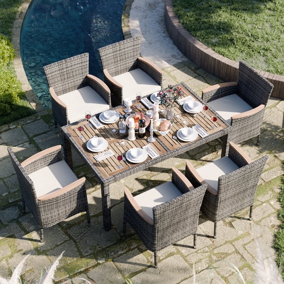 Walsunny 7 Pieces Outdoor Patio Dining Set Wicker Patio Furniture Set with Wood Table and 6 Wood Armrest Chairs with Soft Cushions,Gray