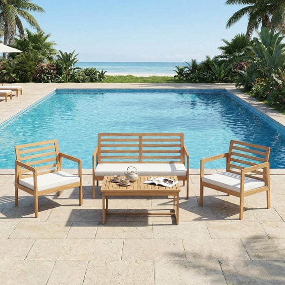 Barara King Patio Relaxation Sets,4 Piece Wood Patio Conversation Set with 2 Armchairs and Coffee Table-White