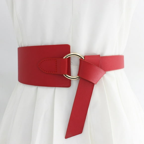 Women Casual Solid Color Gold Ring Decorated Knotted Waist Wide Belt Belt mens belt Red