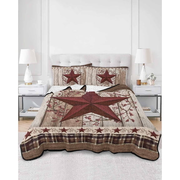 Quilts Twin Size, Texas Star Vintage Soft Comforter Bedding Set for Bed, Red Berry Retro Art Wooden Lightweight Quilted Bedspread with Pillow Cover(2 Pieces) for All Season, 68x86 Inch