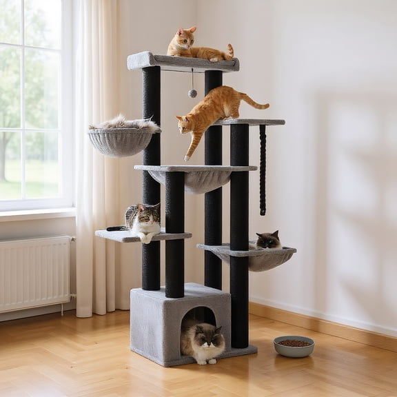 Pefilos 50" Heavy-Duty Cat Tree Tower with Extra-Thick Scratching Posts (φ4.3), Condo, 2-Layer Baseboard for Big Cats up to 16 lbs, Black