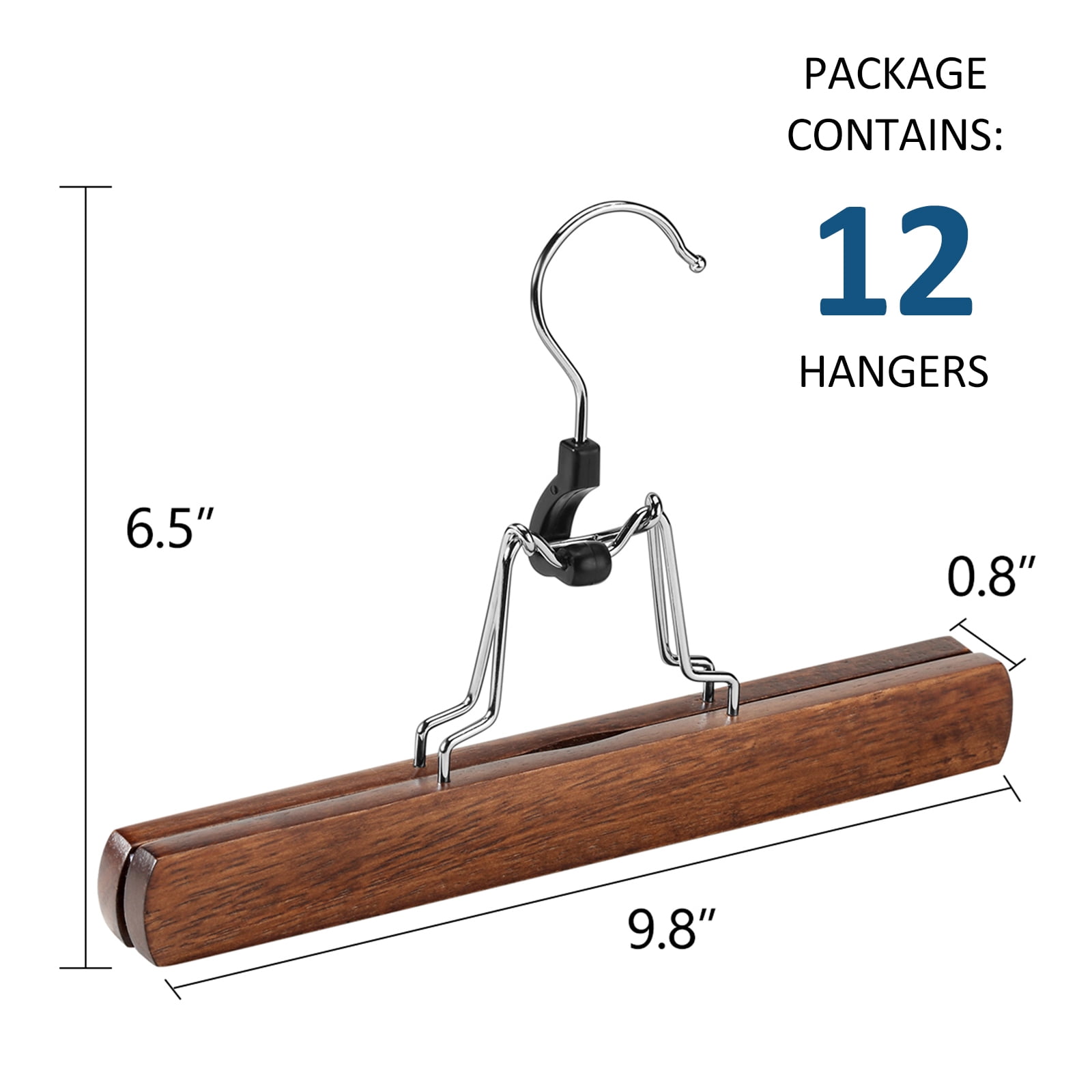 BagDream 12 Pack Wooden Pants Hangers with Clips, Smooth Finish Solid Wood Non Slip Skirt Hangers Jeans Slack Clamp Hanger, Walnut