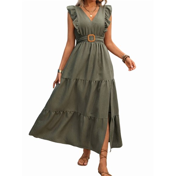 Women's Cap Sleeve Neck Ruched Waist Guest Dresses Maxi Dress for Summer Wedding Cocktail Green S