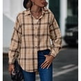 thumbnail image 4 of Camisa informal a cuadros para mujer, abrigo de solapa informal con un solo pecho y manga larga para todas las estaciones, color caqui S, 4 of 7