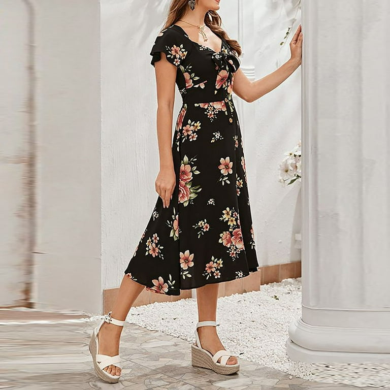 50s sweetheart knot back floral flare dress sales