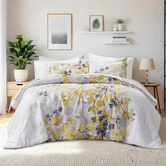 Regency Heights Full Size Comforter Sets, Yellow Bed in a Bag Full, Botanical Bedding Comforter Set with Bed Sheets and Side Pockets for College Dorm, 9 Pieces