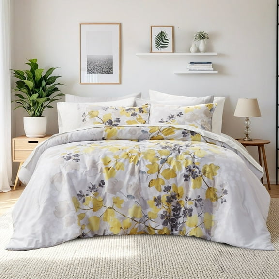 Regency Heights King Size Comforter Sets, Yellow Bed in a Bag King, Botanical Bedding Comforter Set with Bed Sheets and Side Pockets, 9 Pieces