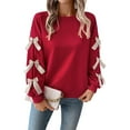 thumbnail image 2 of Women's Y2K Ribbon Bow Sweatshirt - 2025 Crew Neck Red Christmas & New Year Bowknot Pullover Top, 2 of 9
