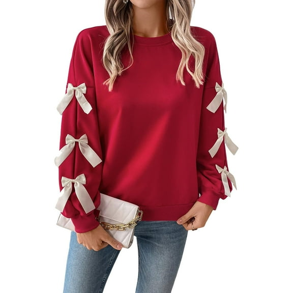 qucoqpe Women's Red Christmas Bow Sweatshirt, Long Sleeve Crewneck Pullover Top