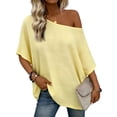 thumbnail image 2 of Craaazy Women's Relaxed Fit One Shoulder Blouse, Solid Color Short Sleeve Loose Top, Comfy Asymmetric Off Shoulder Casual Tee for Summer Gifts, 2 of 7