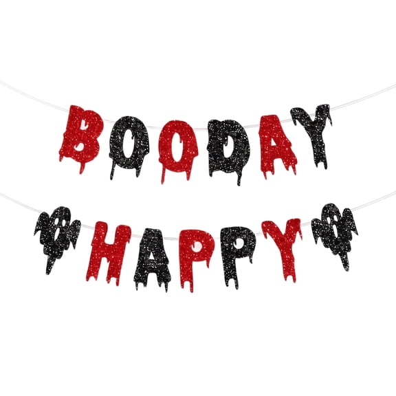 Halloween Birthday Banner, Glitter Red Black Ghost Happy Booday, 1 Pack Pre-Strung, Spooky Halloween Themed Birthday Party Decorations for Indoor Outdoor Home Wall Party Photo Backdrop