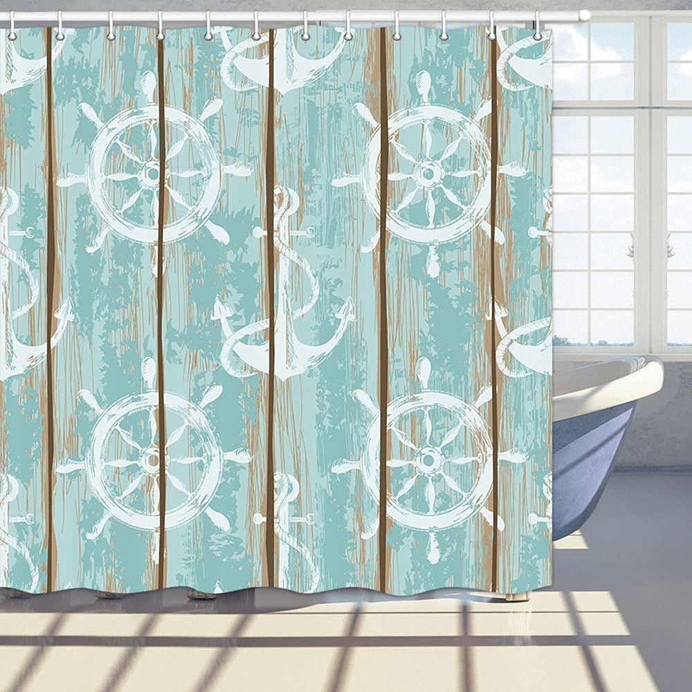 Nautical Fabric Shower Curtain Cartoon Anchors and Wheels with Hooks