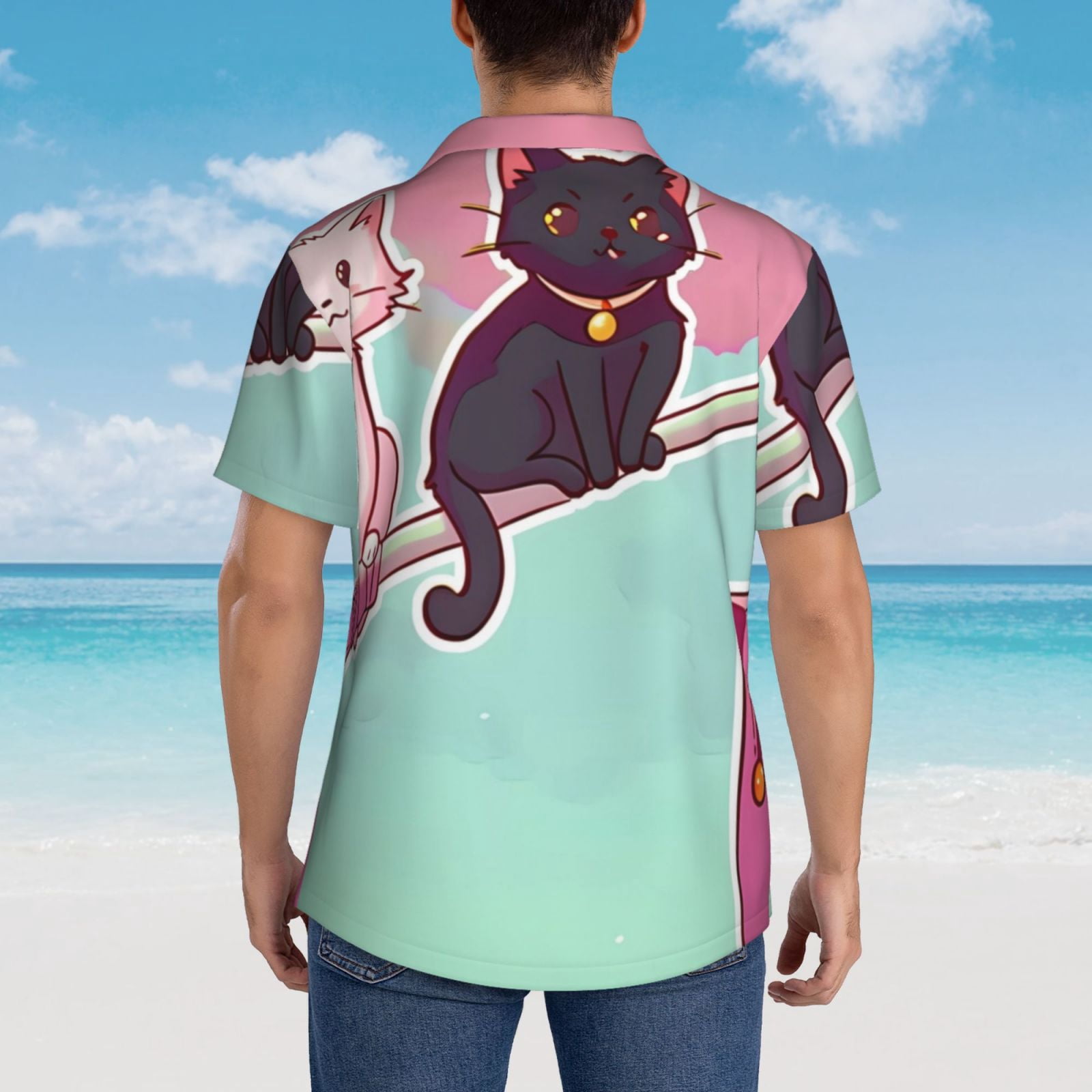 Logiee Cats On Broomstick Print Mens Hawaiian Shirts,Loose-Fit Short Sleeve Button Down Tropical Aloha Beach Shirt,Summer Vacation Wedding Tops,Large
