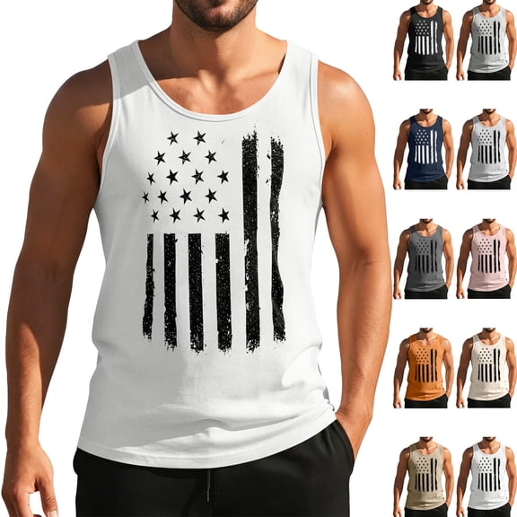 Casual Men's Tank Top with American Flag Graphic and Sleeveless Cut Featuring Breathable Fabric for Summer Heat Gym Sessions Fishing Trips Beige L