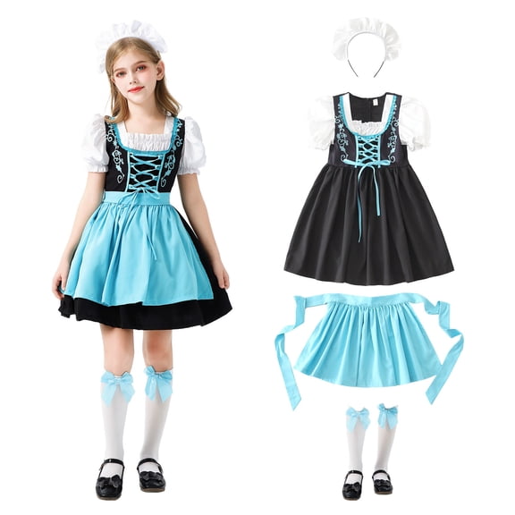 Dakiuu Kids Girls 4Pcs Oktoberfest Mini Dirndl Costume Full Outfit with Apron Headband and Socks Short Puff Sleeve German Youth Halloween Party Stage Dress