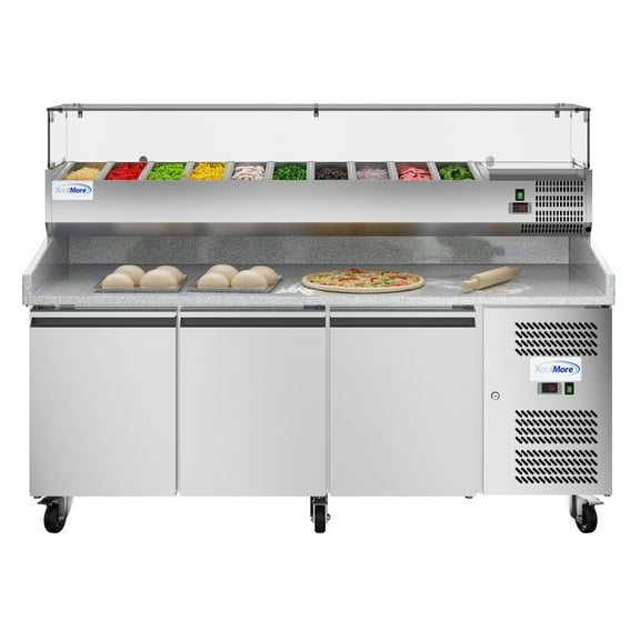 79 in. Three-Door Commercial Refrigerated Granite Top Pizza Prep Station With a Refrigerated Stainless-Steel Condiment Pan Holder (KM-RPCPS-2D79-GRT)