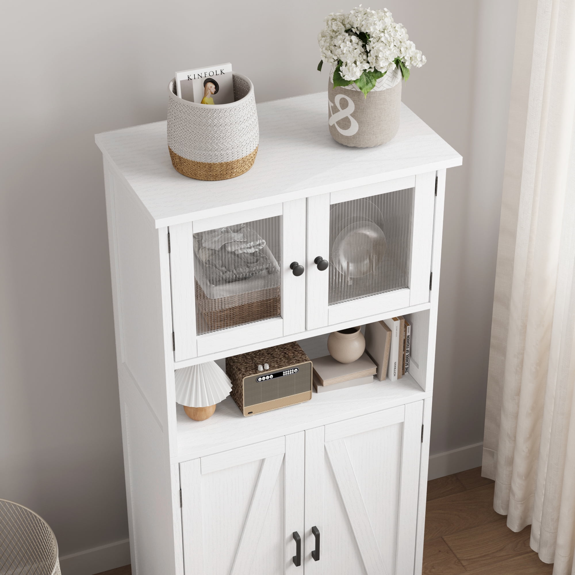 54-Inch Tall Storage Cabinet Hutch Bar Cabinet with Glass Doors and Adjustable Shelves, Wooden Kitchen Pantry Storage Cabinet for Living Room and Dining Area