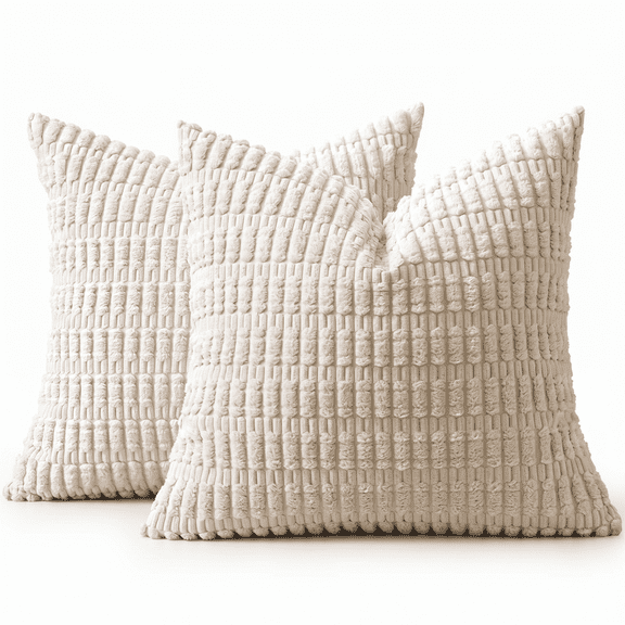 Pack of 2 Corduroy Throw Pillow Covers - 18x18 Inch Decorative Cushion Covers in Soft Boho Stripes for Modern Farmhouse Home Decor - Cream White