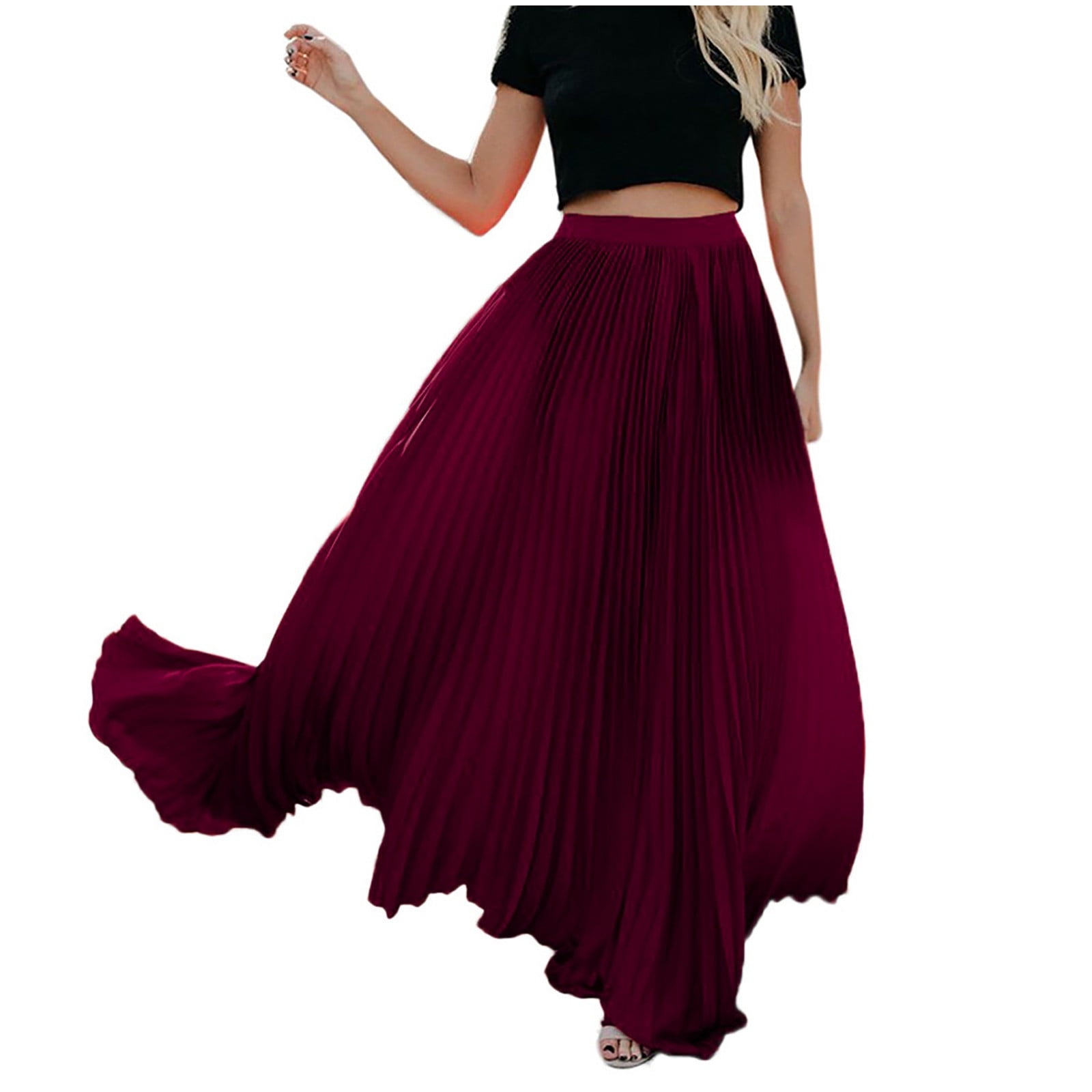 Skirts For Womens Fashion High Waist Fold Soild Vintage Loose Beach Wrap  Maxi Long Skirt Red