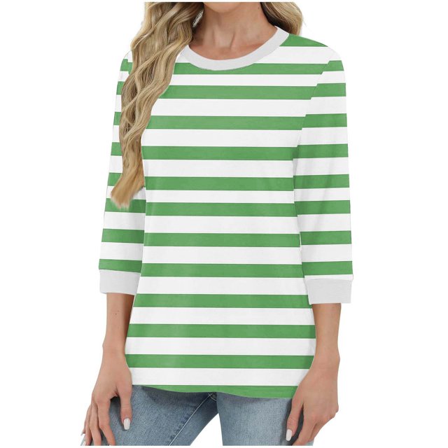 Soki Womens 3/4 Sleeve Striped Crewneck T-Shirts Color Block Short Sleeve Tops Casual Basic Tee