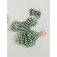 thumbnail image 3 of Genuiskids Newborn Baby Girls Romper Dress 3 6 12 18 Months Infant Checkerboard Plaid Puff Sleeve Off Shoulder Ruched Skirt Bodysuit Headband Summer Clothes 0-18M, 3 of 9