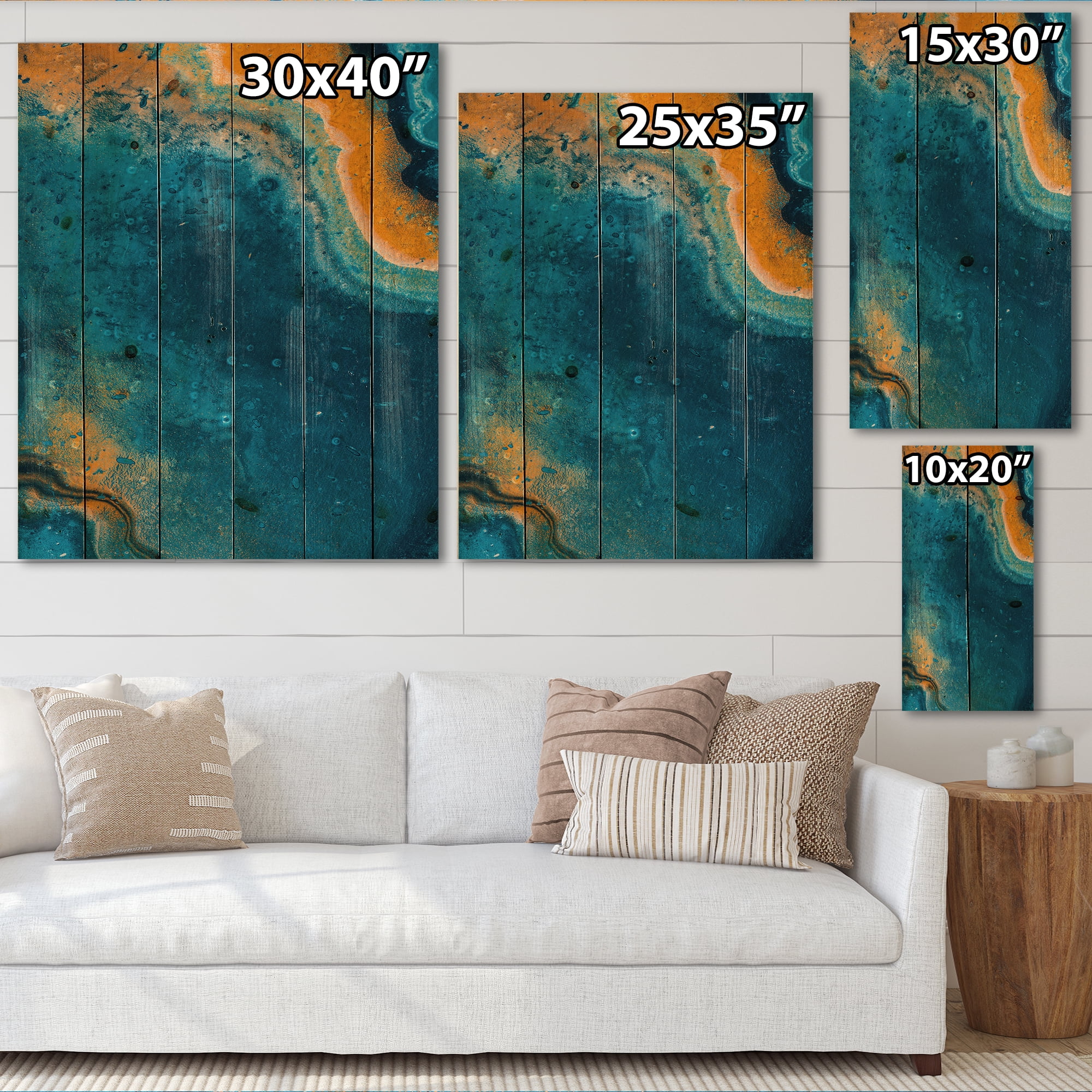 Designart 'Abstract Marble Composition In Orange and Blue V' Modern Print on Natural Pine Wood