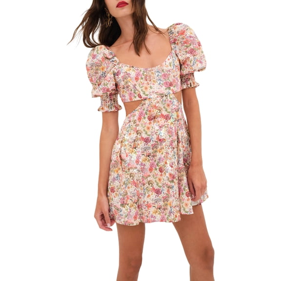 LMLYSoH Women's Summer Floral Print Dress Short Puff Square Neck Cutout Waist Slim Mini A-Line Dress