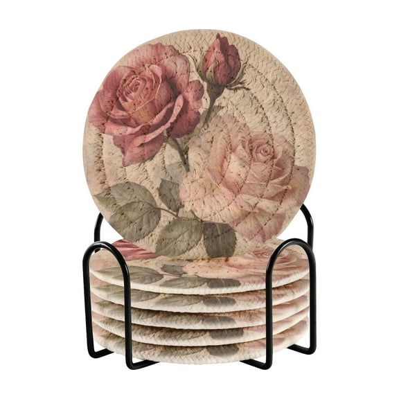 Qxltty Vintage Rose Drink Coasters with Holder 6pcs Handmade Woven Simple Vintage Saucer Set