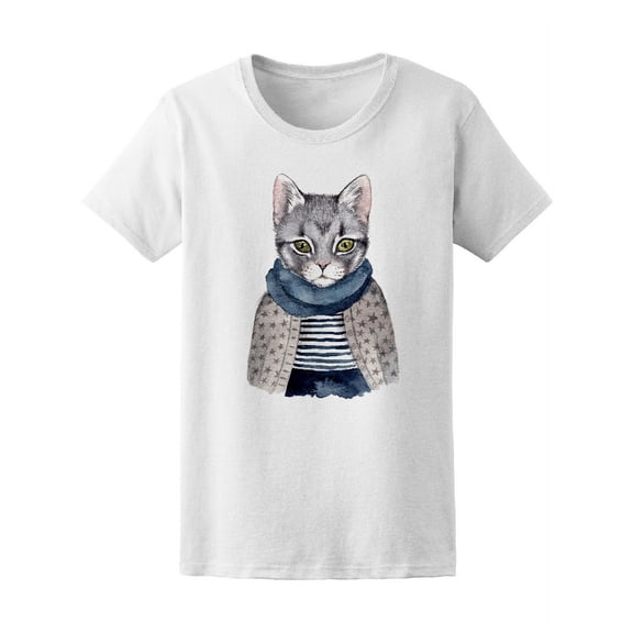 Cute Cat Watercolor Hand Drawn T-Shirt Women -Image by Shutterstock, Female Large