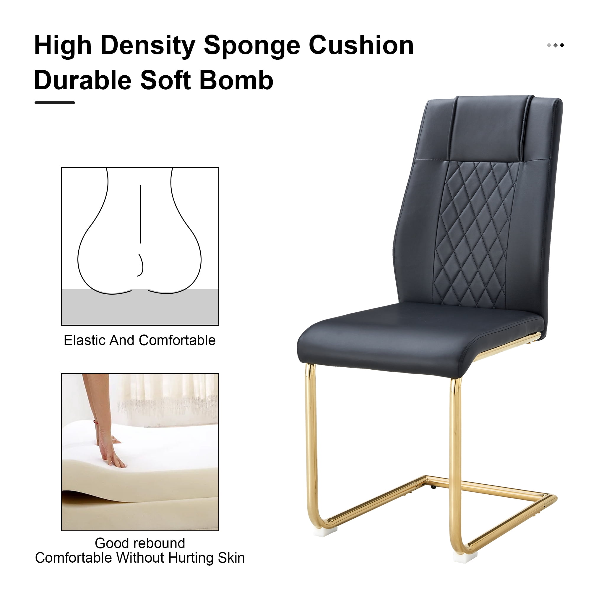 NYEESS Set of 4 Black Armless Dining Chairs with Waterproof Faux Leather Upholstered Seat Gold Electroplated Metal Frame for Kitchen Dining Room