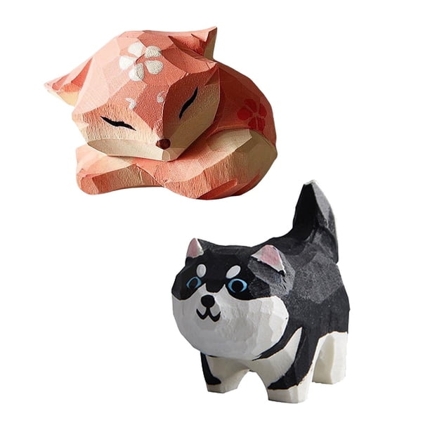 2 estatuas de animales de madera lindas pintadas a mano, decoración, juguetes de animales pequeños Perro y Lowrie