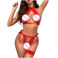 thumbnail image 4 of JSGEK Women Halter Neck Cutout 2 Piece Set Crop Top and Bottom with Garter Strap Lingerie for Intimate Evenings Red XL, 4 of 9