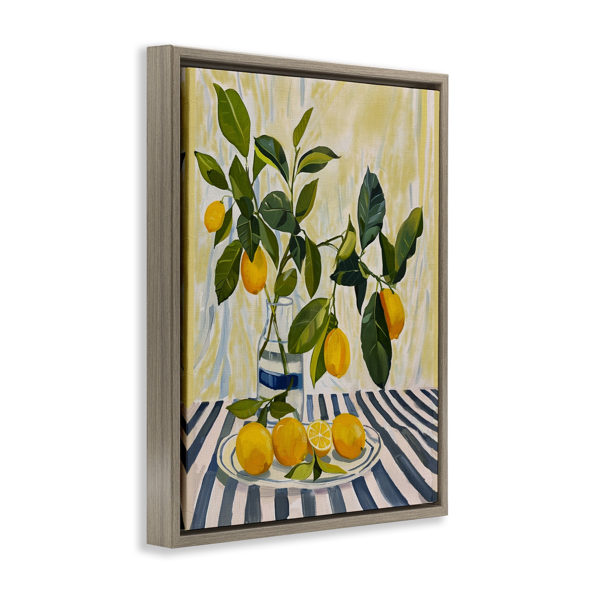 Stupell Industries Lemons on Striped Tablecloth Brown Framed Floater Canvas Wall Art, design by Yen