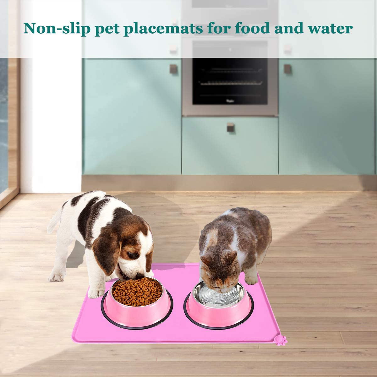 Guardians Dog Food Mat, Silicone Dog Cat Bowl Mat, Non Slip Pet Feeding Mat  Waterproof Dog Placemat for Small Animals (18.5x11.8, Mint Green Paw