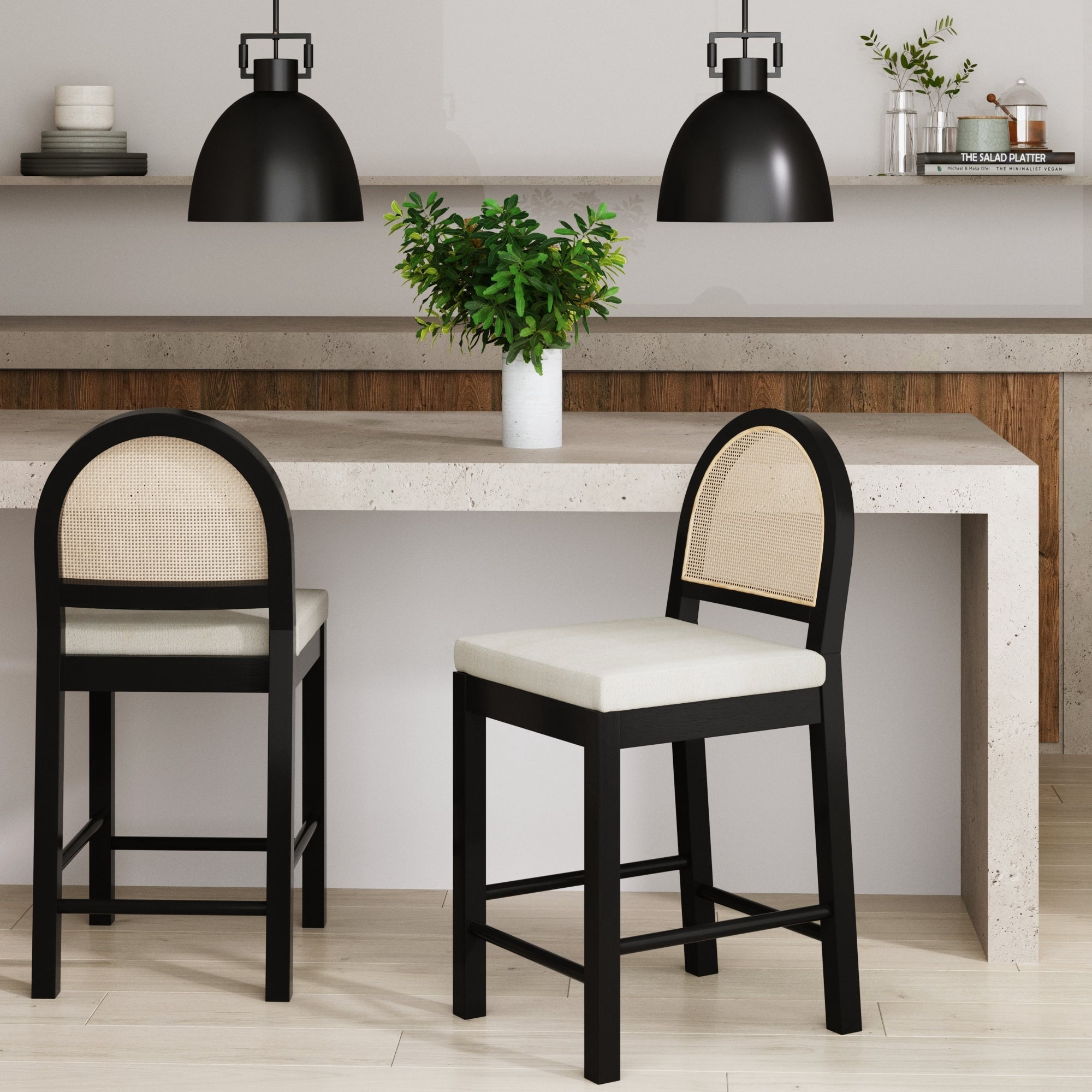 Nathan James Bailey Boucle Upholstered Rattan Bar Stool, Counter Height Stool with Natural Rattan Woven Back For Kitchen Island, White/Black Oak, Set of 2