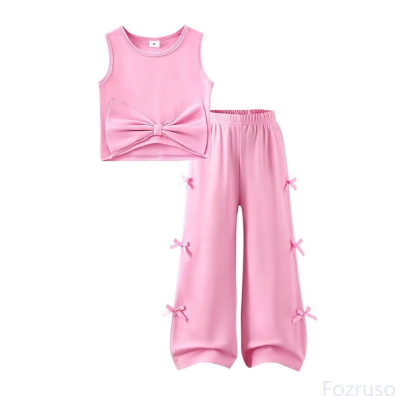 Fozruso Girls Summer Suit Top Sleeveless Bow Vest Wide Leg Pants Set Of Two (2 7 Years Old) Cute Clothing Sets,Pink,4 Years