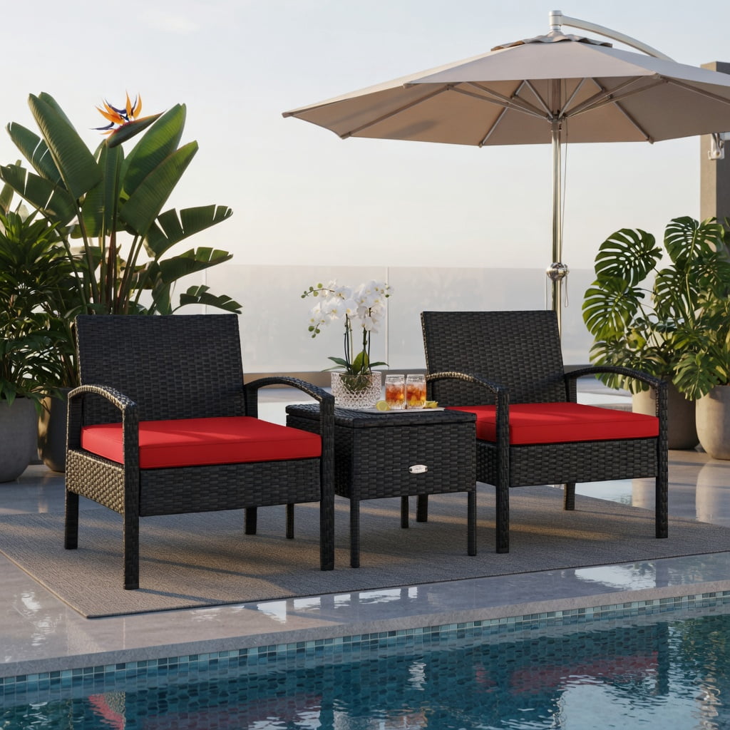 Hommoo 3-Piece Outdoor PE Rattan Patio Sofa Set with Washable Removable Cushions, for Backyard, Balcony, Poolside, Red