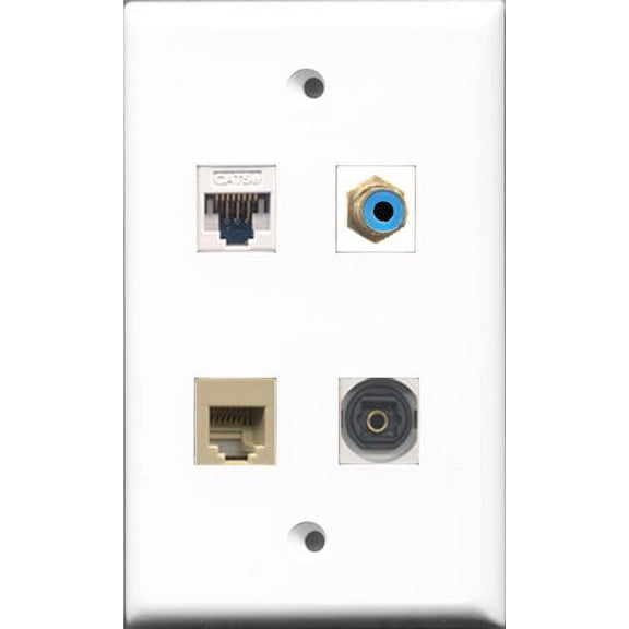 RiteAV 1 Port RCA Blue and 1 Port Phone RJ11 RJ12 Beige and 1 Port Toslink and 1 Port Cat5e Ethernet White Wall Plate