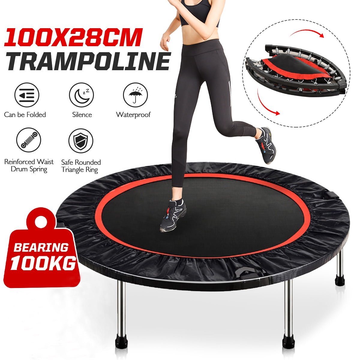 40" Folding Silent Exercise Trampoline Round Trampoline Safety Indoor Outdoor Bouncer for Kids Adults Garden Workout , Max Load 220 lbs