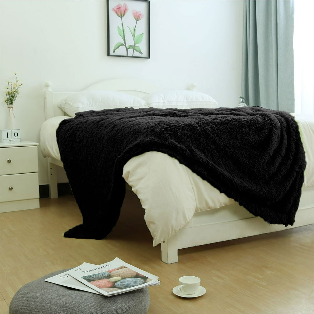 Soft Decorative Shaggy Faux Fur Queen Size Blanket,78" x 90",Black
