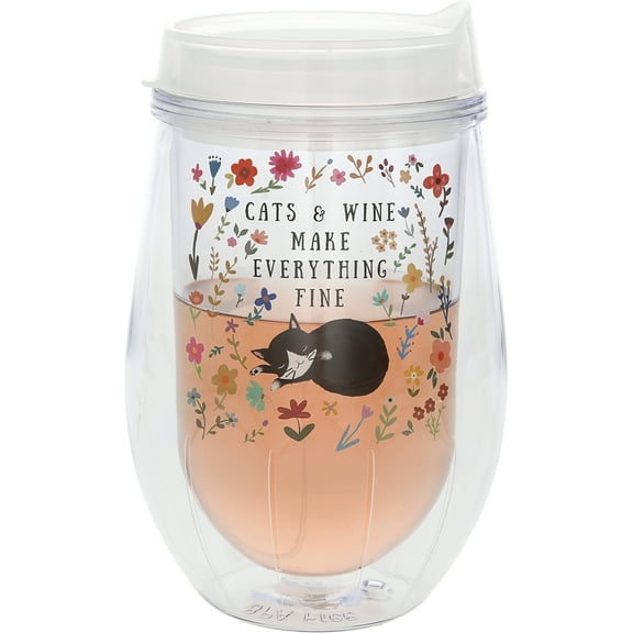 Pavilion Gift Company - Cats - 12 oz Acrylic Stemless Wine Glass with Lid